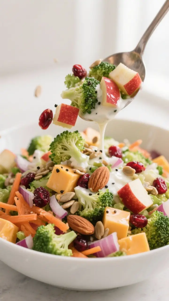 Close-up detail: A tight macro shot of the chopped salad mid-toss in a large white bowl, showing fin
