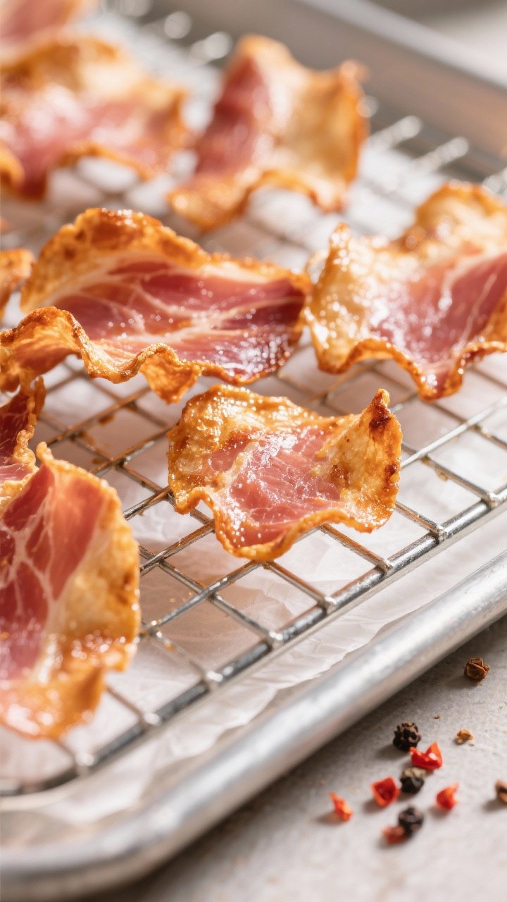 Close-up detail: A tight shot of freshly baked Parma ham chips cooling on a wire rack, edges curled 