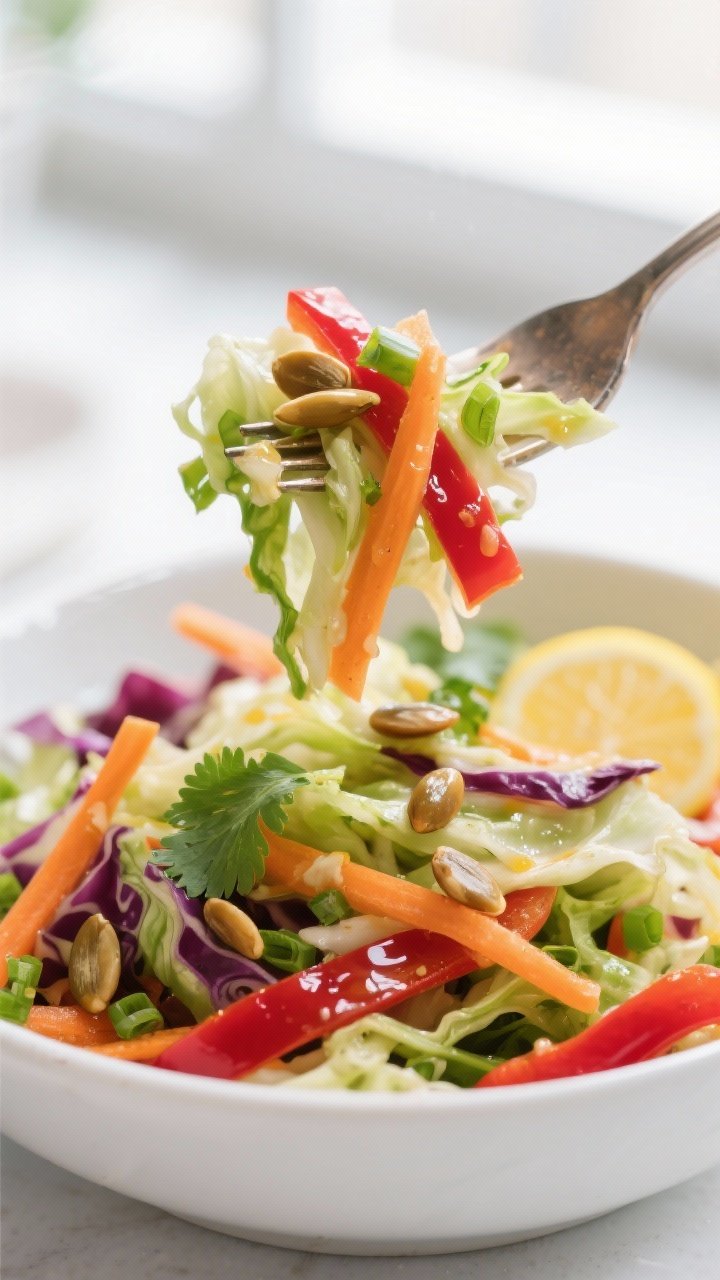 Close-up detail: A vibrant forkful of Detox Cabbage + Carrot Rainbow Slaw lifted from a bowl, showin