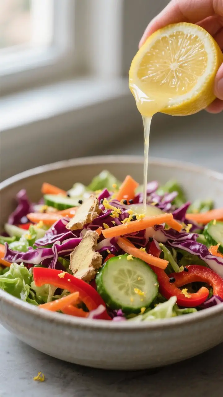 Close-up detail: A vibrant toss of the prepared Detox Crunch Salad mid-bowl as dressing is being dri