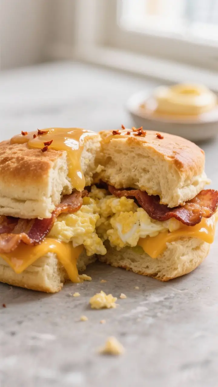 Close-up detail: A warm honey-buttered biscuit slider split open to reveal silky, custardy scrambled
