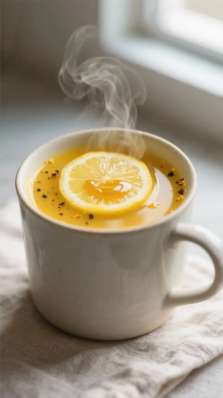 Close-up detail: A warm mug of turmeric lemon wellness juice just off the stove, steam gently rising