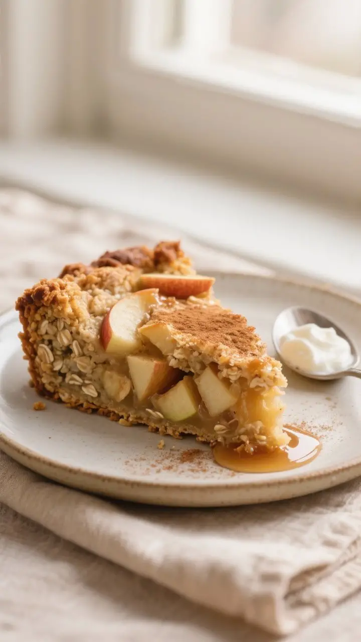 Close-up detail: A warm slice of Apple Cinnamon Oatmeal Breakfast Bake just out of the oven, edges l