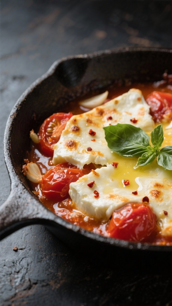 Close-up detail: Baked mozzarella with tomatoes just out of the oven in a shallow cast-iron skillet,
