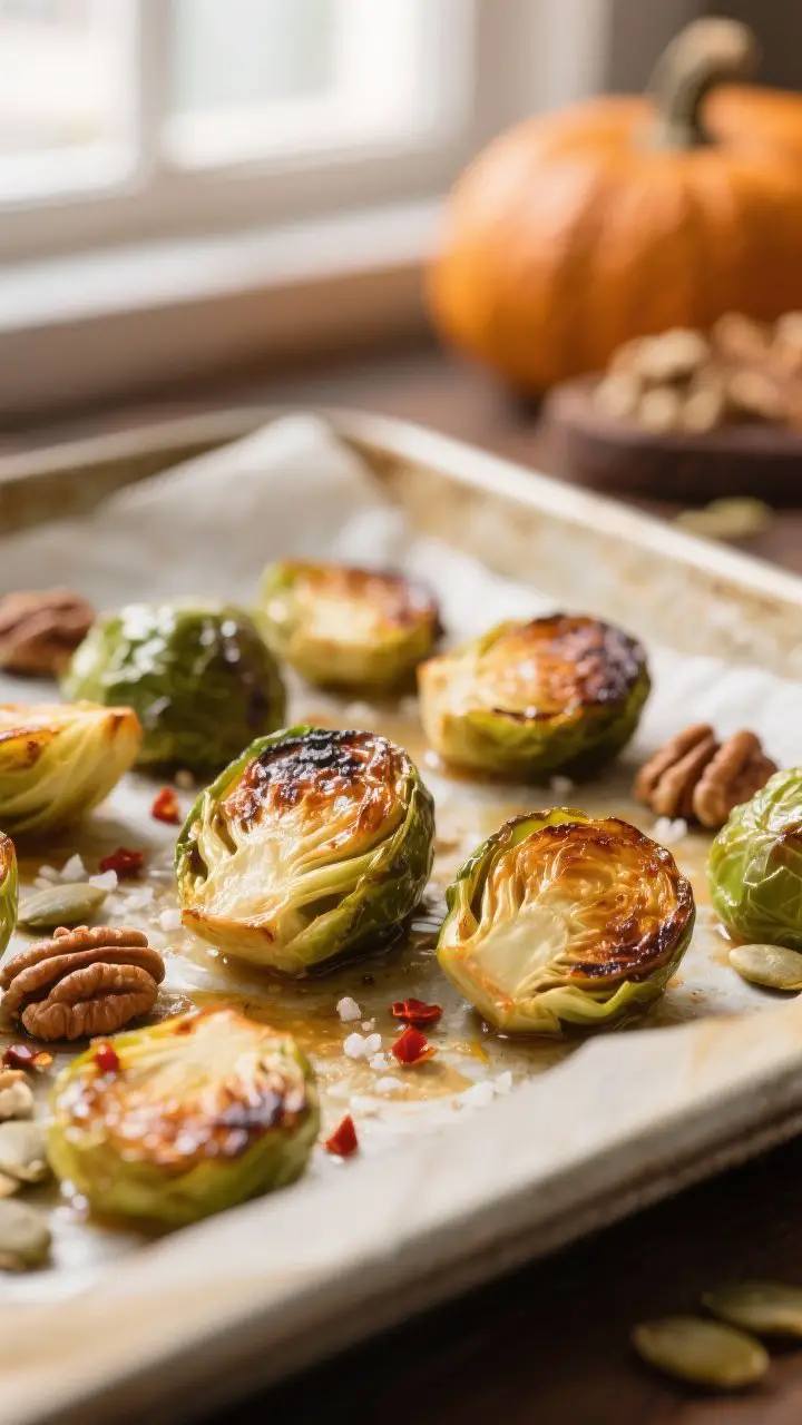 Close-up detail: Caramelized Brussels sprouts just out of the oven, halved pieces with deep golden-b