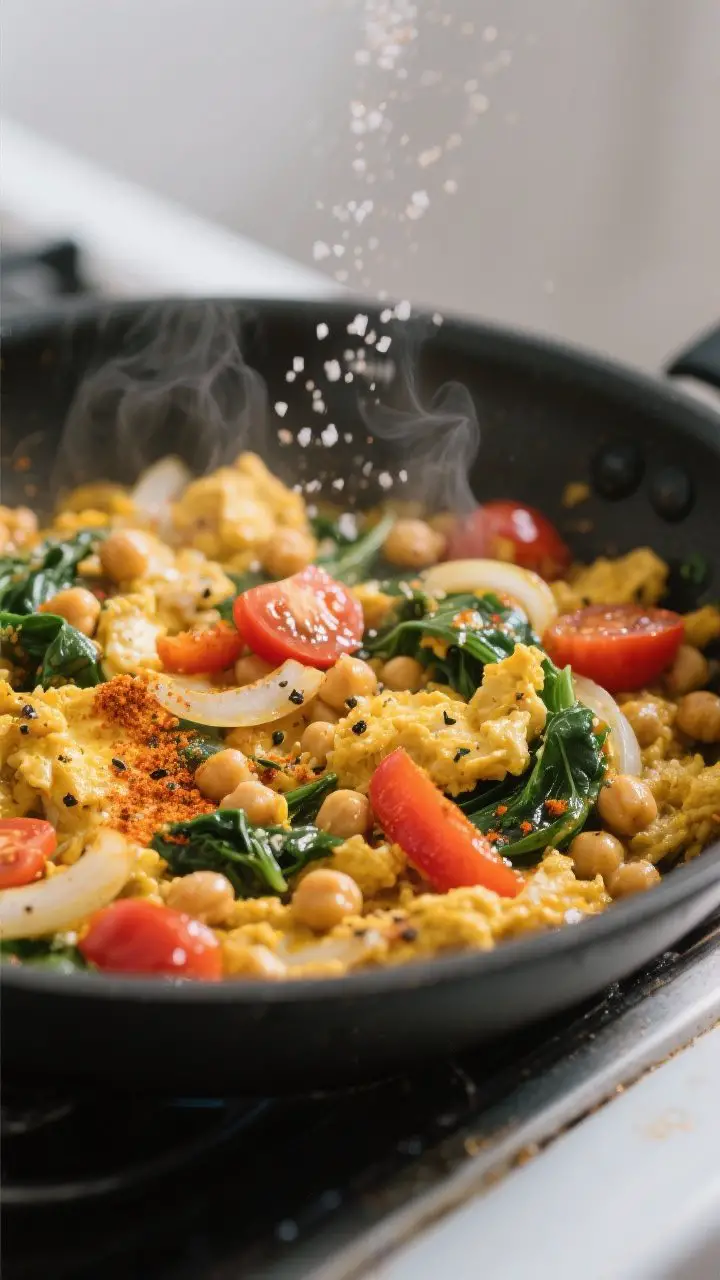 Close-up detail: Chickpea breakfast scramble mid-cook in a nonstick skillet, showing golden, lightly