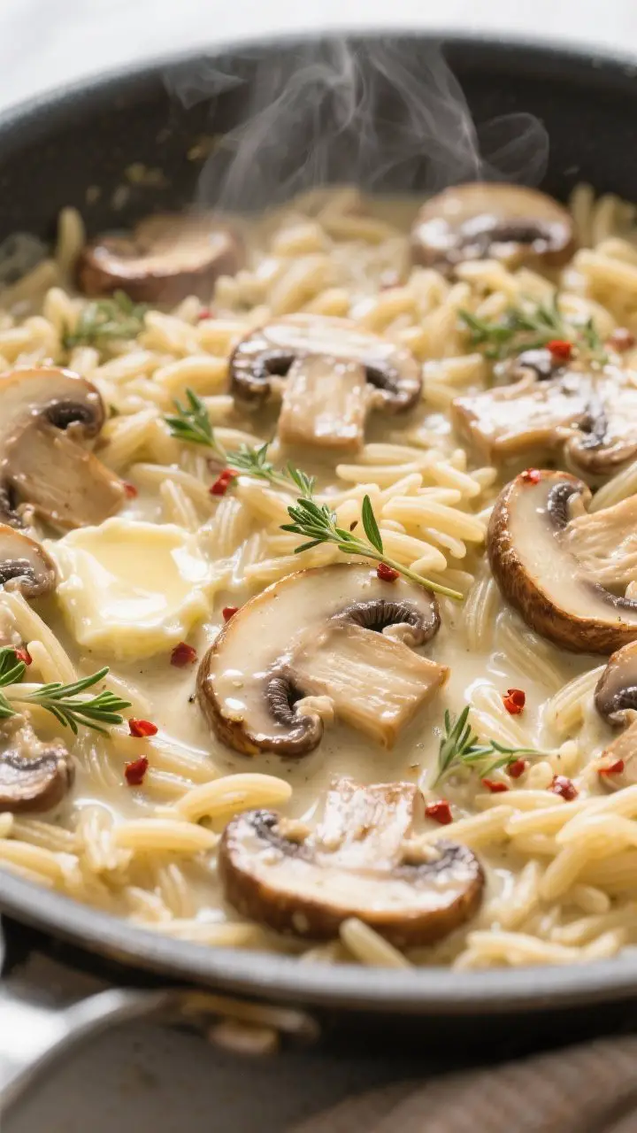 Close-up detail: Creamy vegan garlic-butter mushroom orzo mid-simmer in a wide stainless skillet, sh