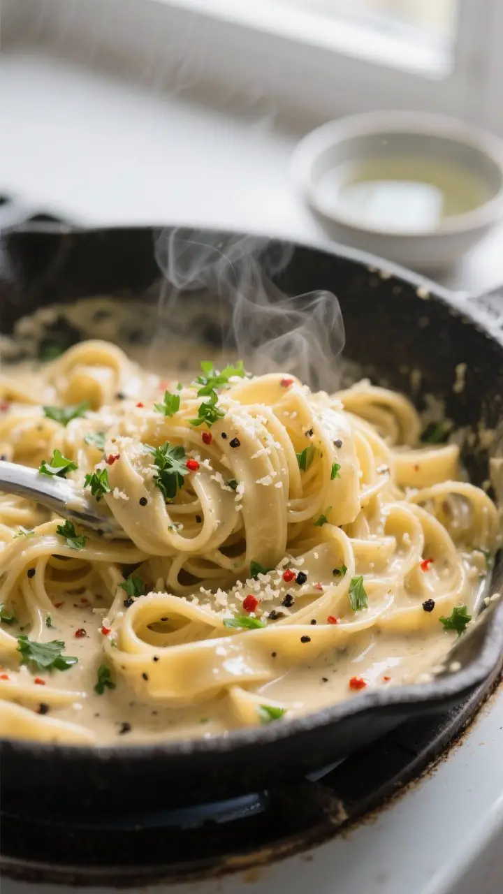 Close-up detail: Creamy vegan garlic parmesan pasta being tossed in a skillet, glossy sauce clinging