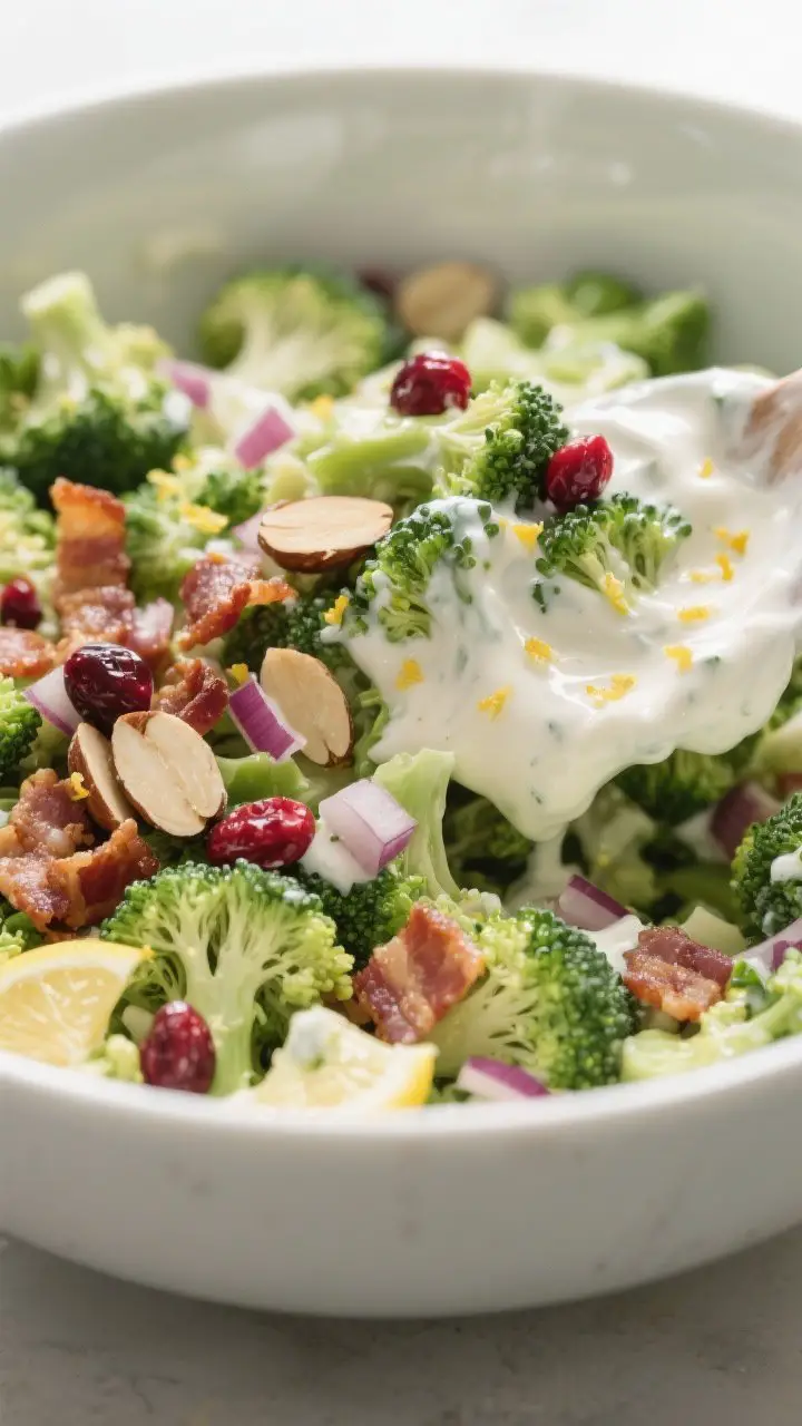 Close-up detail: Crisp, chopped broccoli salad being tossed with creamy mayo–Greek yogurt dressing