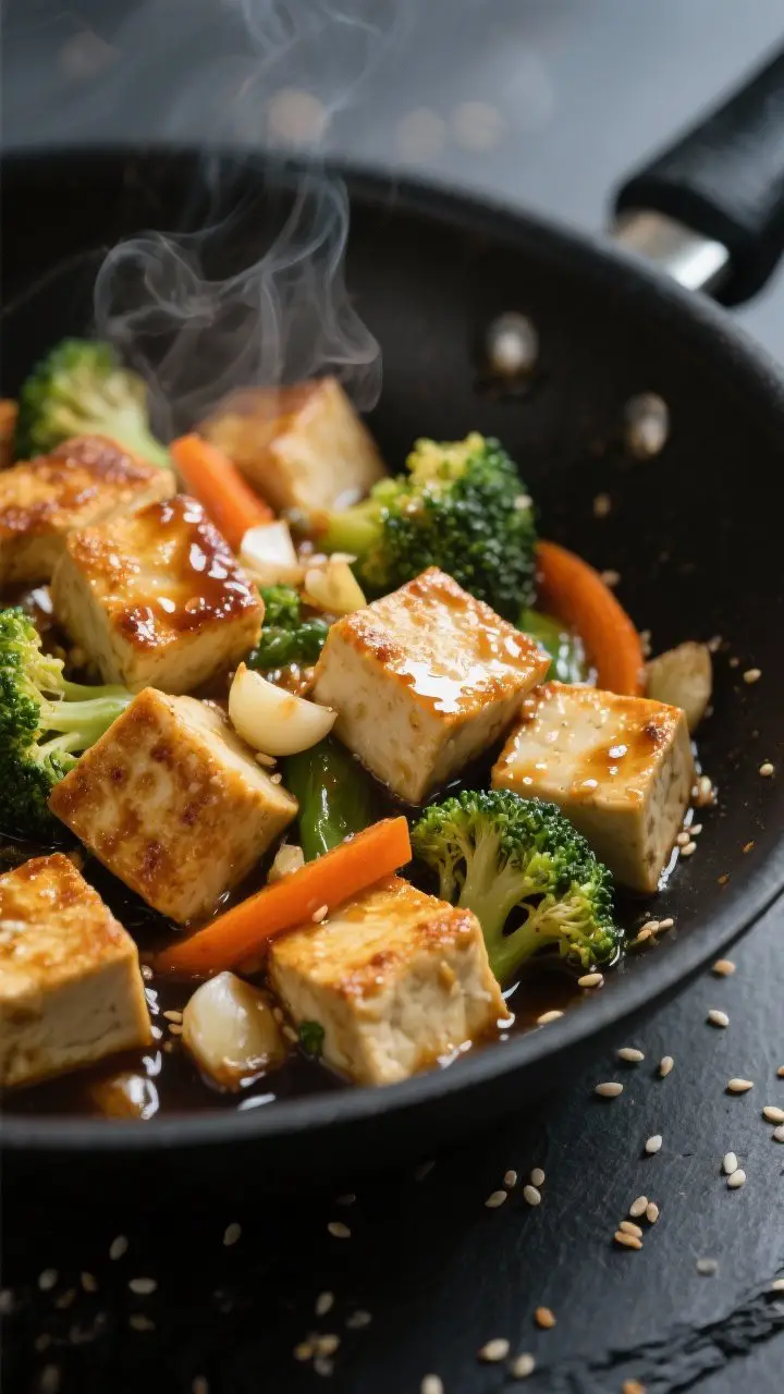 Close-up detail: Crisp, golden-baked extra-firm tofu cubes just after the oven toss into the wok, ed