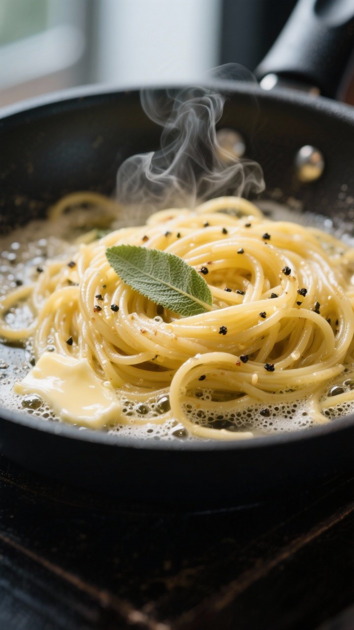 Close-up detail: Glossy strands of al dente spaghetti being tossed in a skillet with foamy butter an