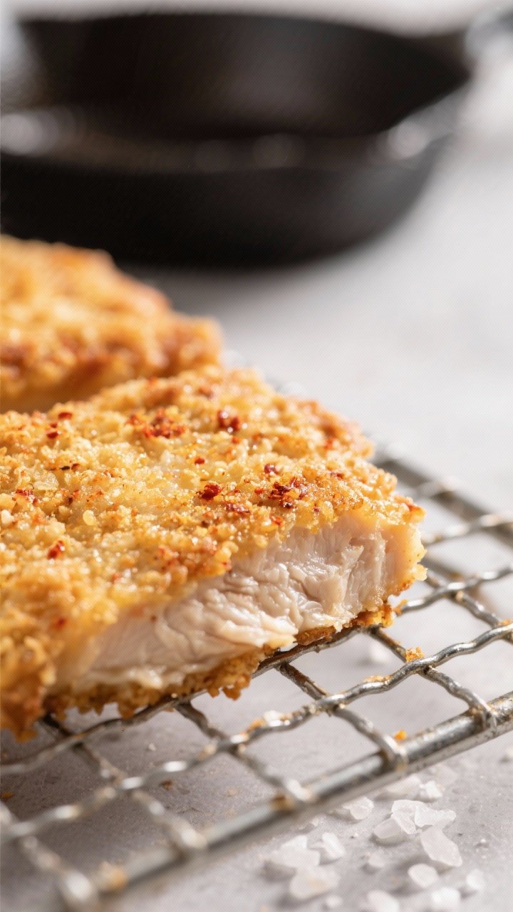 Close-up detail: Golden, crispy panko-breaded chicken cutlets just out of the skillet, glistening wi