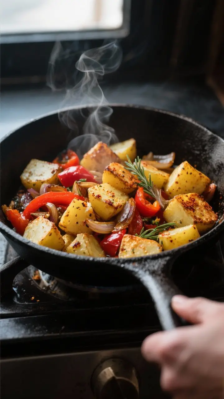 Close-up detail: Golden, crispy potato cubes seared in a cast-iron skillet with sautéed red bell pe