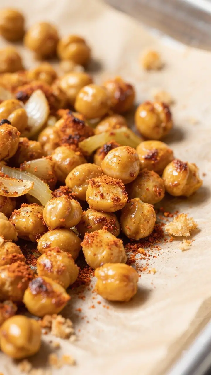 Close-up detail: Golden, roasted chickpeas fresh from the oven on a parchment-lined sheet pan, deepl
