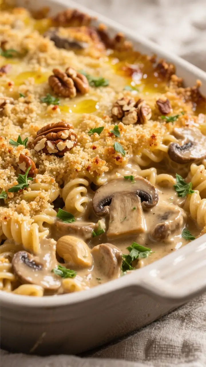 Close-up detail: Golden-topped Vegan Mushroom Stroganoff Bake just out of the oven, bubbling at the 