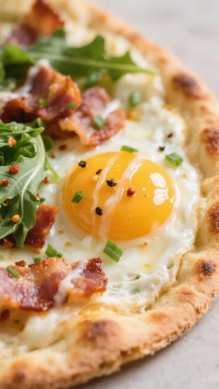 Close-up detail – Jammy egg and bacon bite on the finished breakfast flatbread: macro, focusing on
