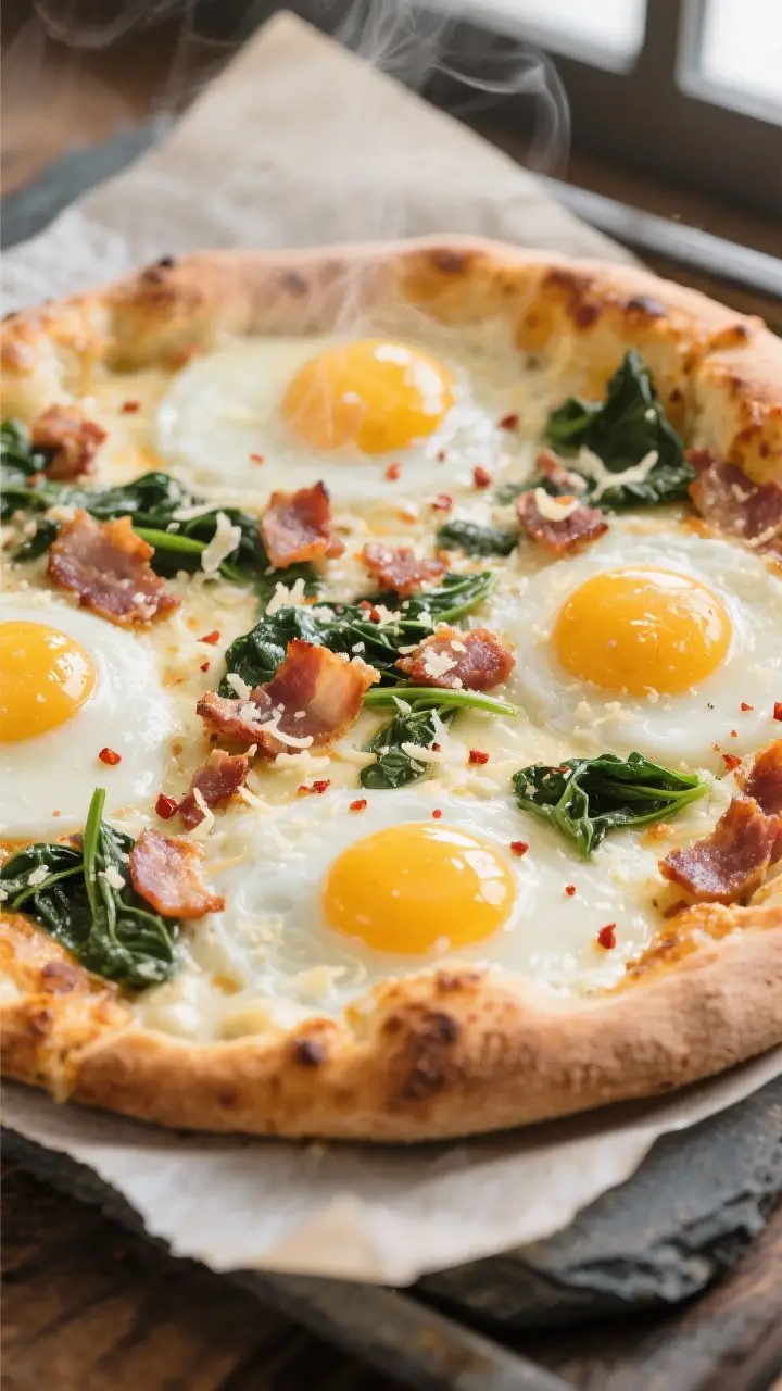 Close-up detail: Just-baked breakfast pizza as it comes out of the oven, eggs with softly set whites