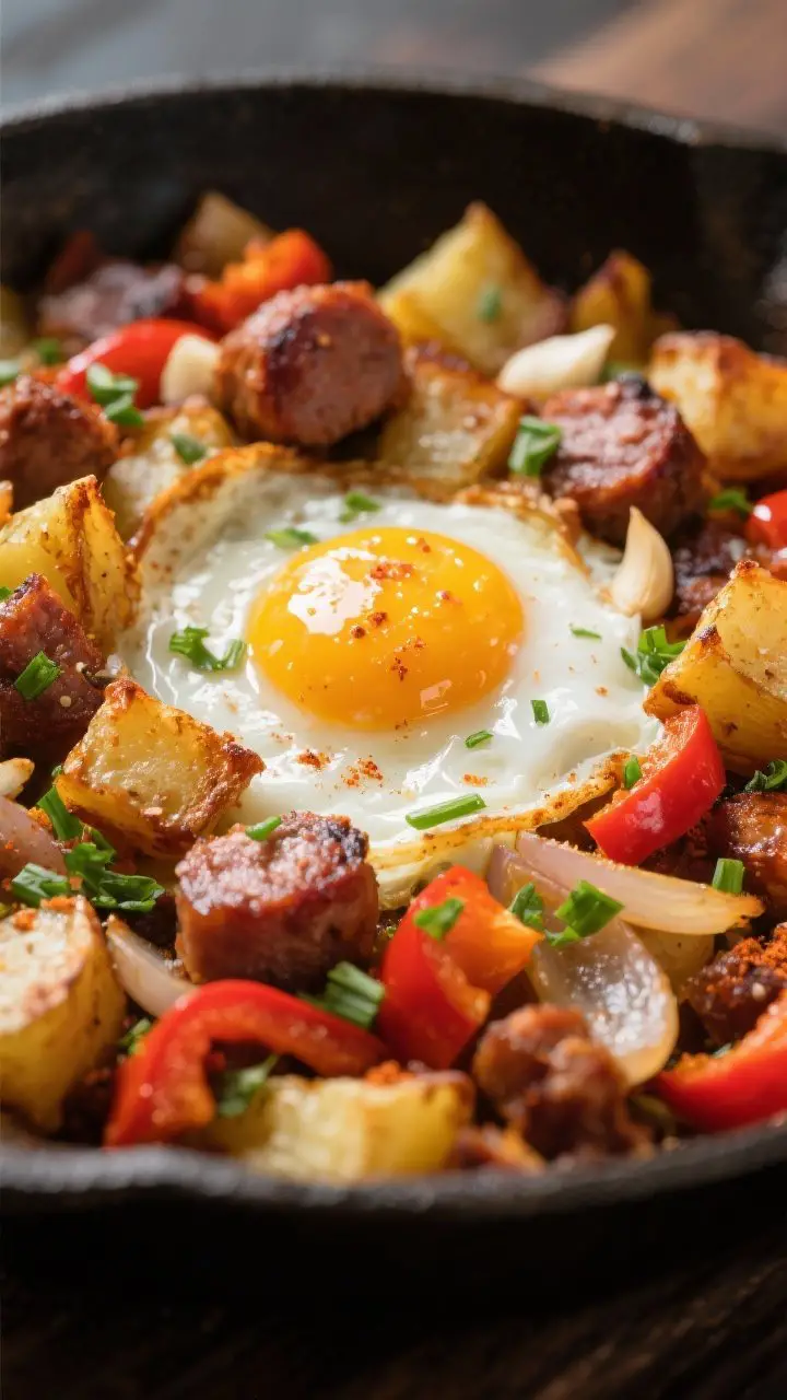 Close-up detail of the finished hash with baked eggs: focusing on a jammy-yolk egg nestled in a well