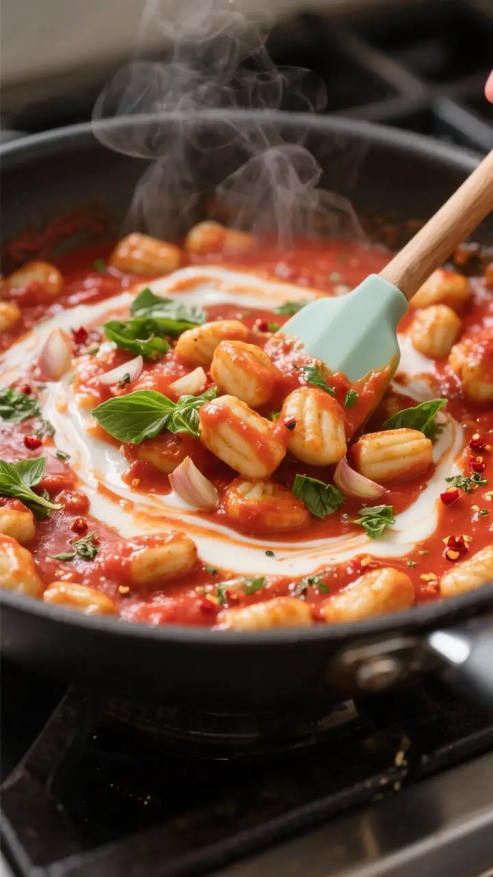 Close-up detail: Pillowy gnocchi coated in glossy, creamy tomato-basil sauce mid-simmer in a deep sk