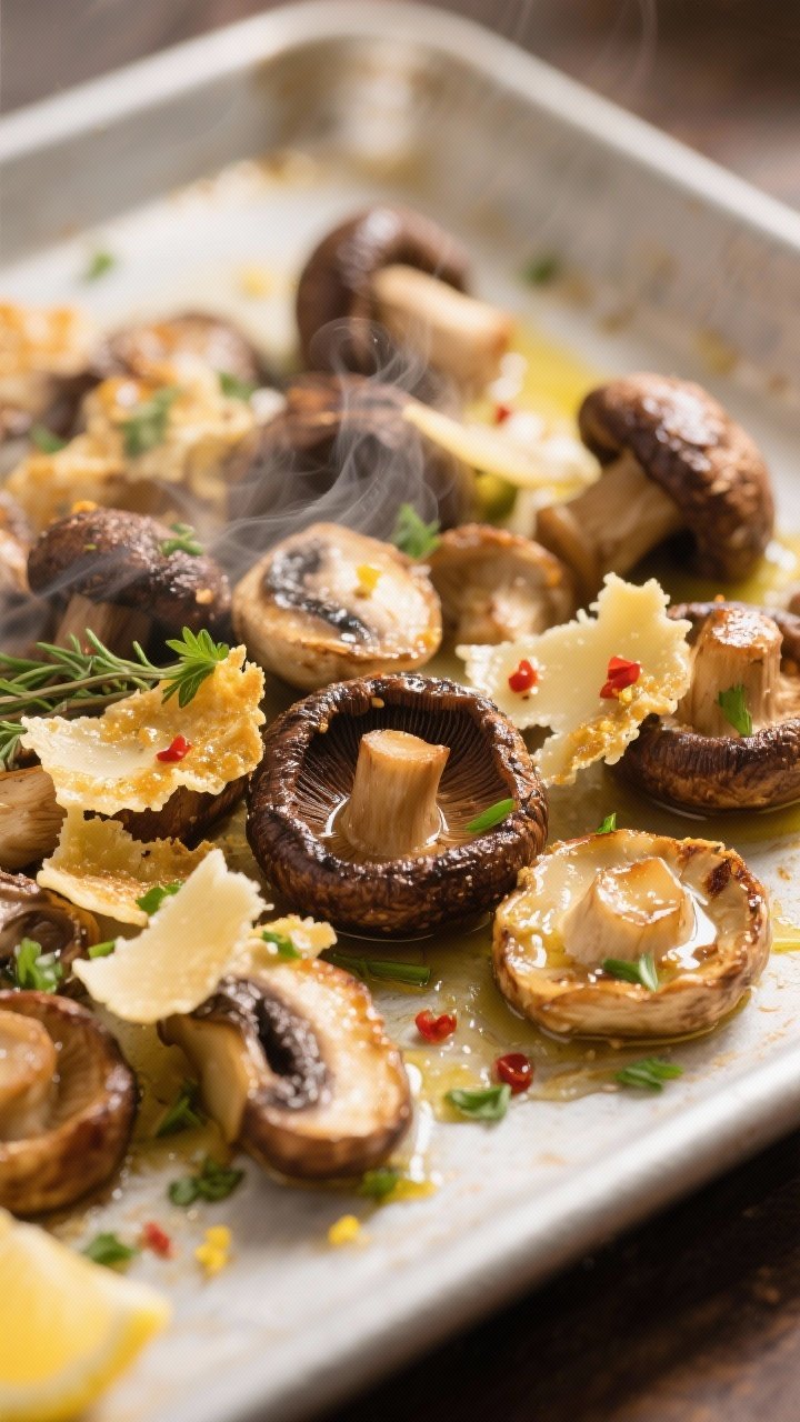 Close-up detail: Roasted mixed mushrooms (cremini, shiitake, oyster) fresh from the oven with golden