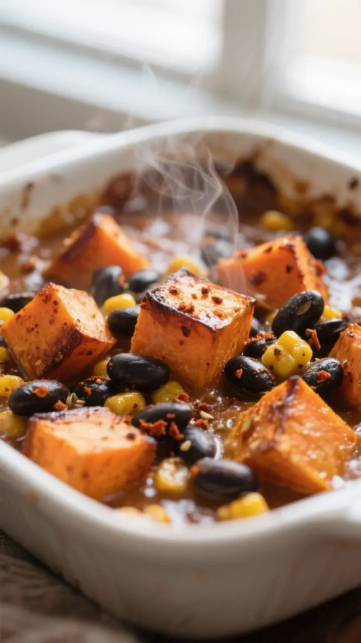 Close-up detail: Roasted sweet potato cubes with caramelized edges nestled among black beans and cor