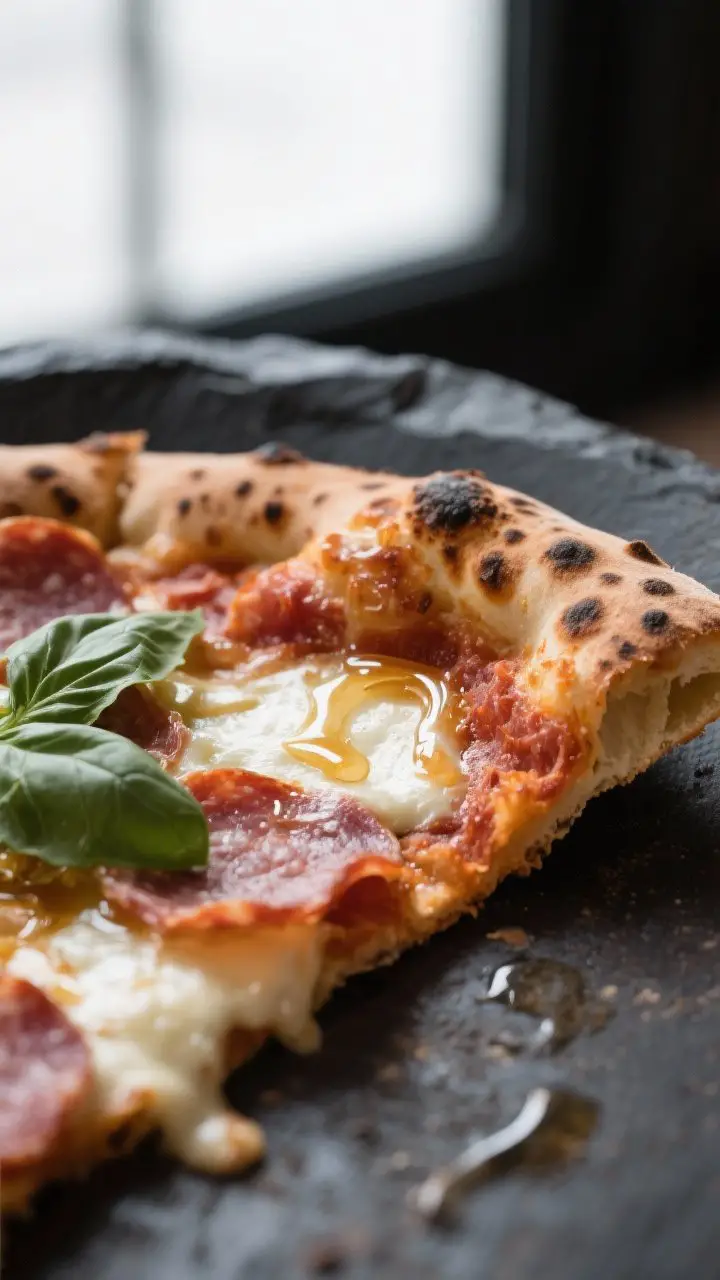 Close-up detail shot: A blistered Neapolitan pizza slice just out of the oven, showcasing leopard-sp