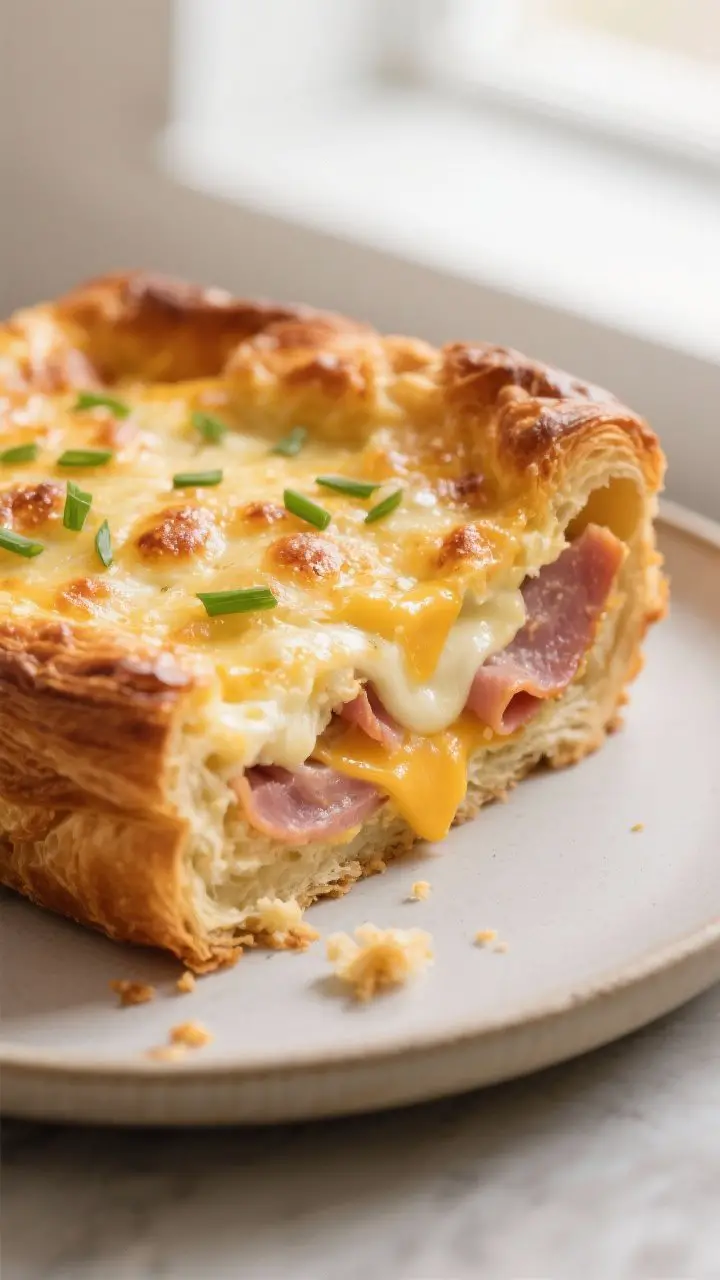Close-up detail shot: A corner slice of the baked Ham and Cheese Croissant Breakfast Bake just cut f