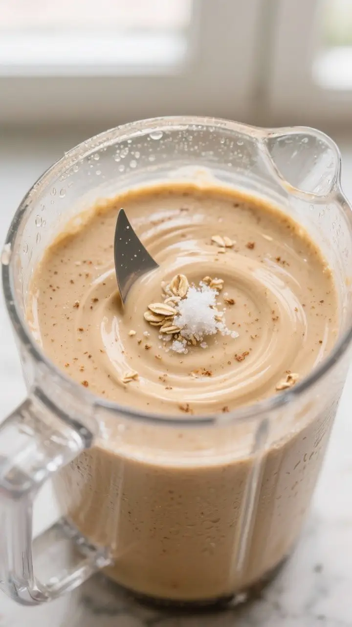 Close-up detail shot: a creamy peanut butter banana breakfast smoothie mid-blend in a clear blender 