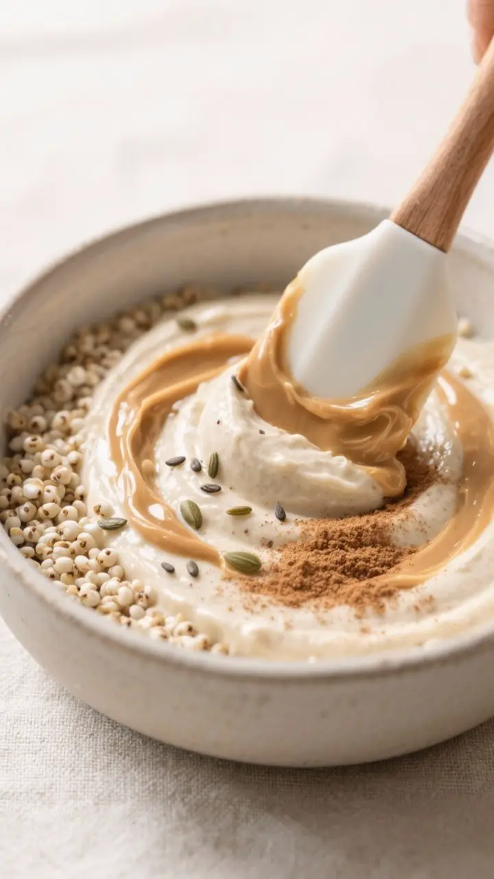 Close-up detail shot: A creamy swirl of blended silken tofu base mixed with cooked quinoa and a dust