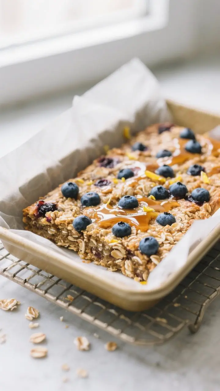 Close-up detail shot: A freshly baked slab of vegan blueberry oat breakfast bars just lifted from an