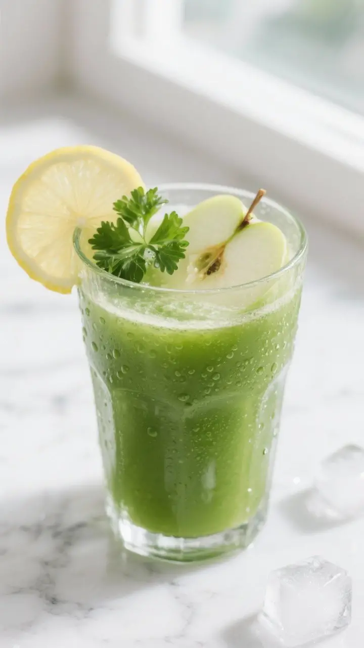 Close-up detail shot: A freshly poured glass of vibrant green detox juice with apple, silky and pulp