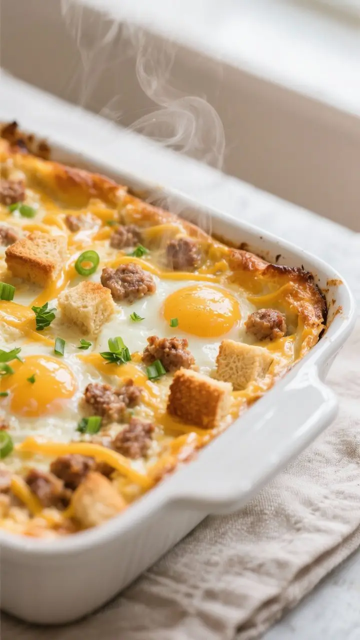 Close-up detail shot: A golden, bubbling corner of the creamy sausage and egg breakfast casserole ju