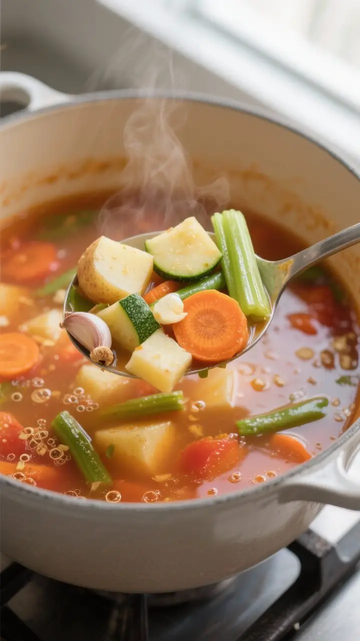 Close-up detail shot: A ladle lifting cooked Ginger Garlic Vegetable Soup from a simmering pot, show