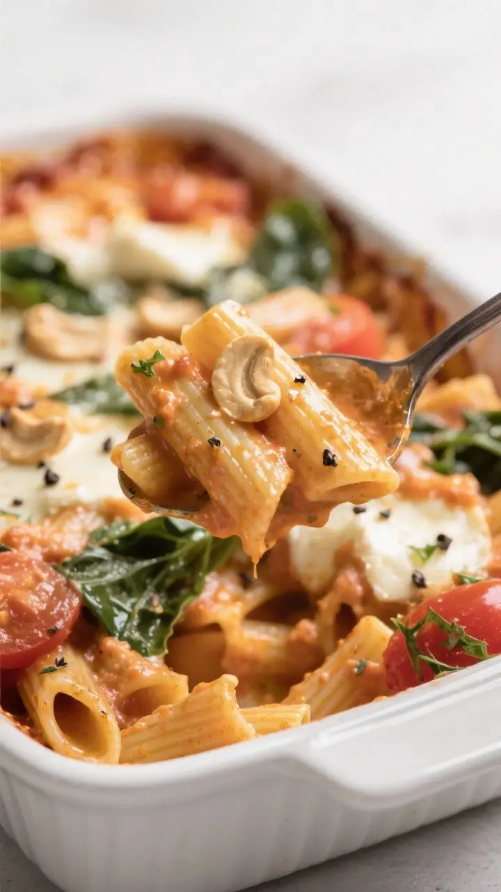 Close-up detail shot: A spoon lifting a swirl of creamy, rosy cashew-tomato–coated ziti from a bak