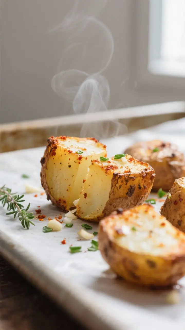 Close-up detail shot: Crispy roasted breakfast potato cubes fresh from the oven, edges deeply golden