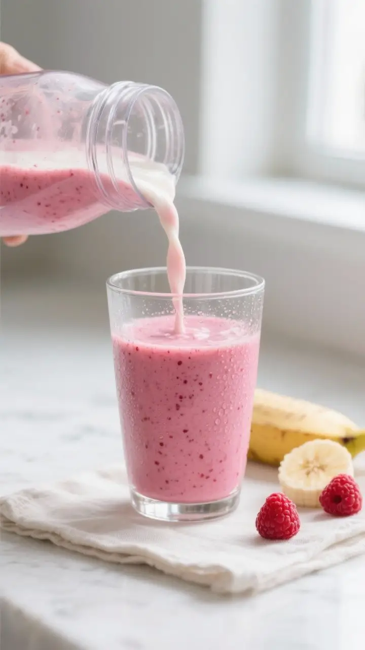 Close-up detail shot: freshly blended raspberry banana yogurt smoothie being poured in a silky ribbo