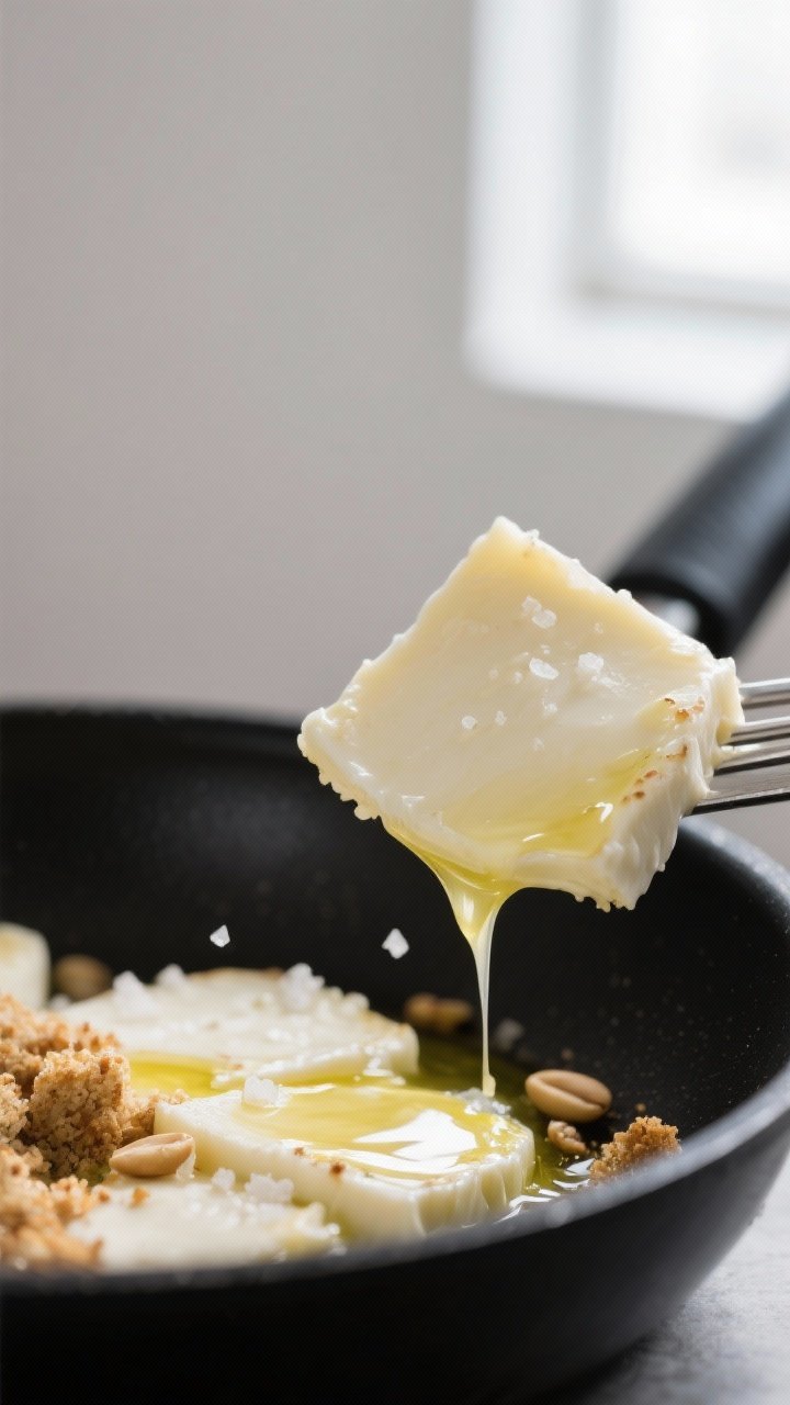Close-up detail shot: Gently warmed mozzarella pieces just lifted from a nonstick skillet, edges sof