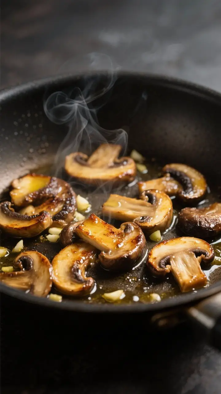 Close-up detail shot: Golden-browned sliced cremini and shiitake mushrooms sizzling in a wide skille