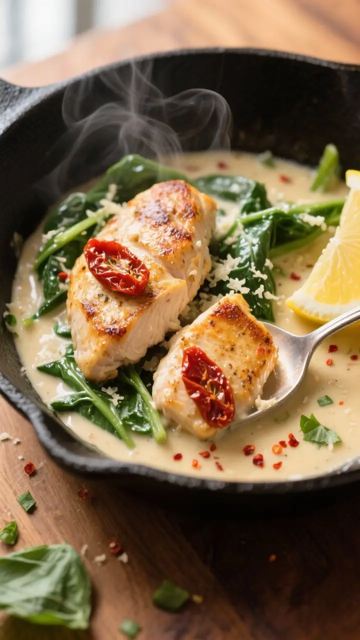 Close-up detail shot: Golden-seared chicken cutlets nestled in a creamy garlic-Parmesan sauce with r