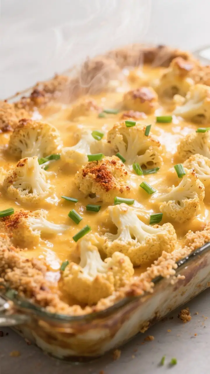 Close-up detail shot: Golden-topped vegan cheesy cauliflower casserole just out of the oven, bubblin