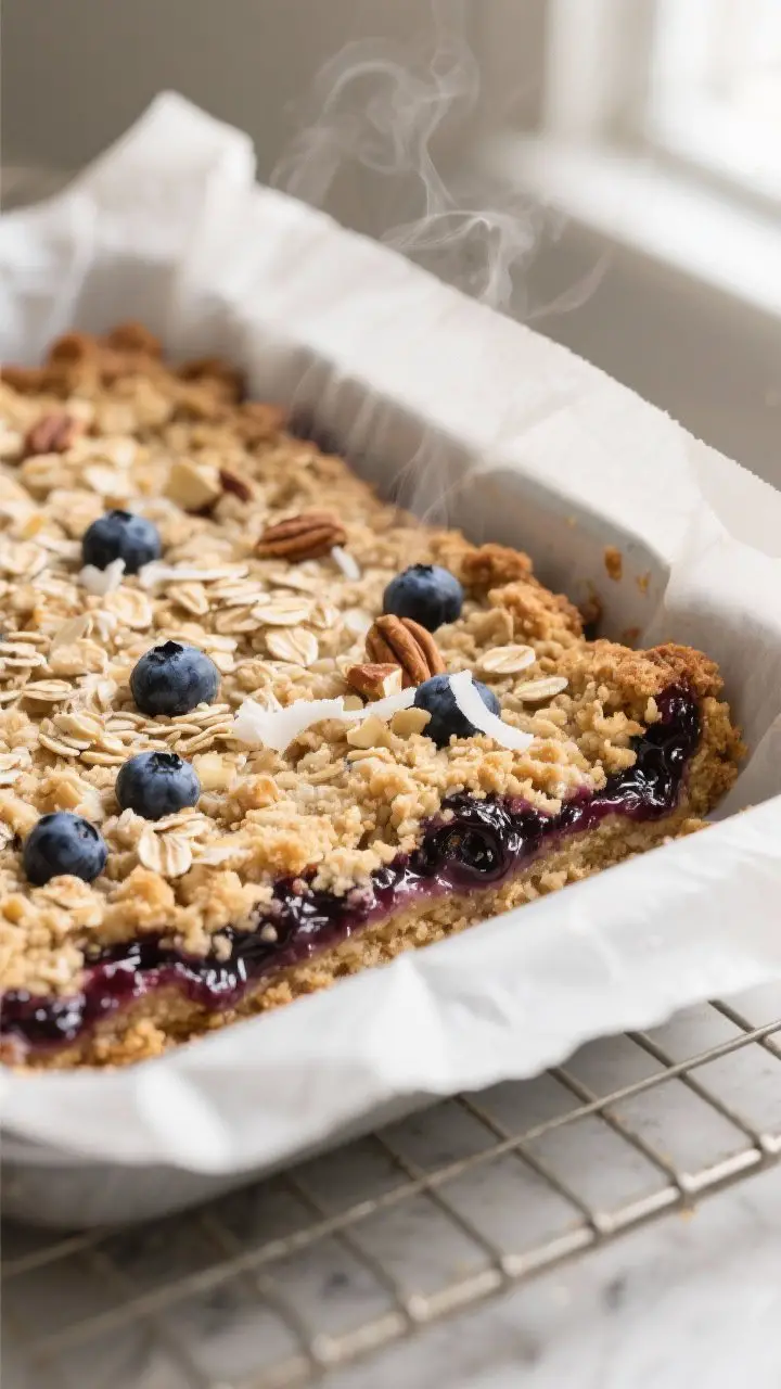 Close-up detail shot of a just-baked blueberry oat crumble breakfast bar slab cooling in the parchme