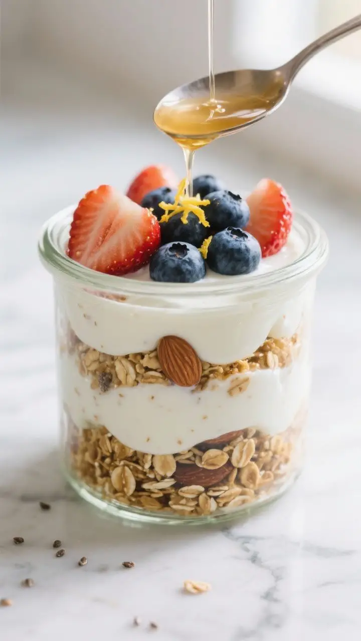 Close-up detail shot of a nearly finished Greek yogurt parfait layer being spooned into a clear glas