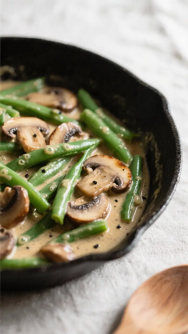 Close-up detail shot of the creamy mushroom green bean mixture just after simmering: tender, bright-