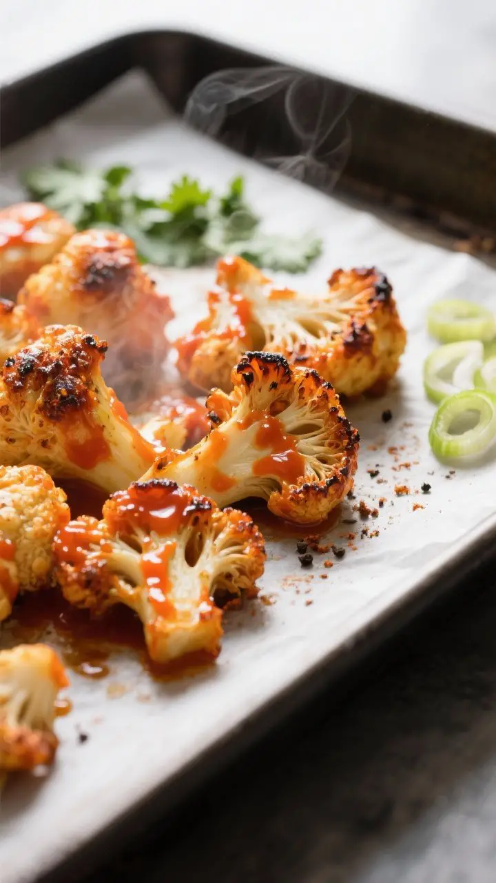 Close-up detail shot: Roasted cauliflower florets just after the final 5-minute bake with buffalo sa