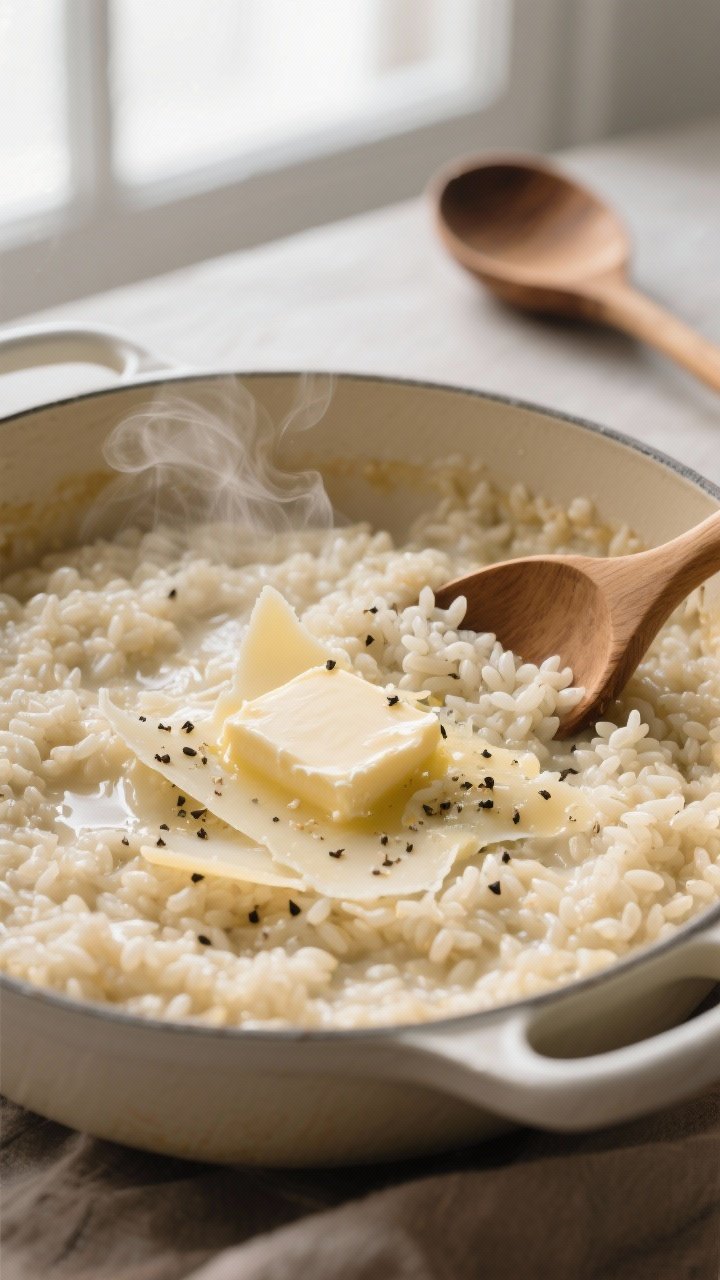 Close-up detail shot: Silky Parmesan risotto mid-stir in a wide Dutch oven, grains of Arborio swolle