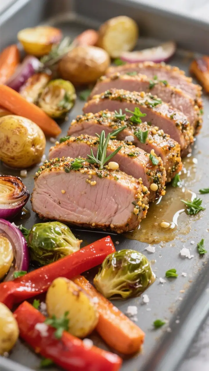 Close-up detail shot: Sliced herb-crusted pork tenderloin medallions fanned over caramelized sheet-p