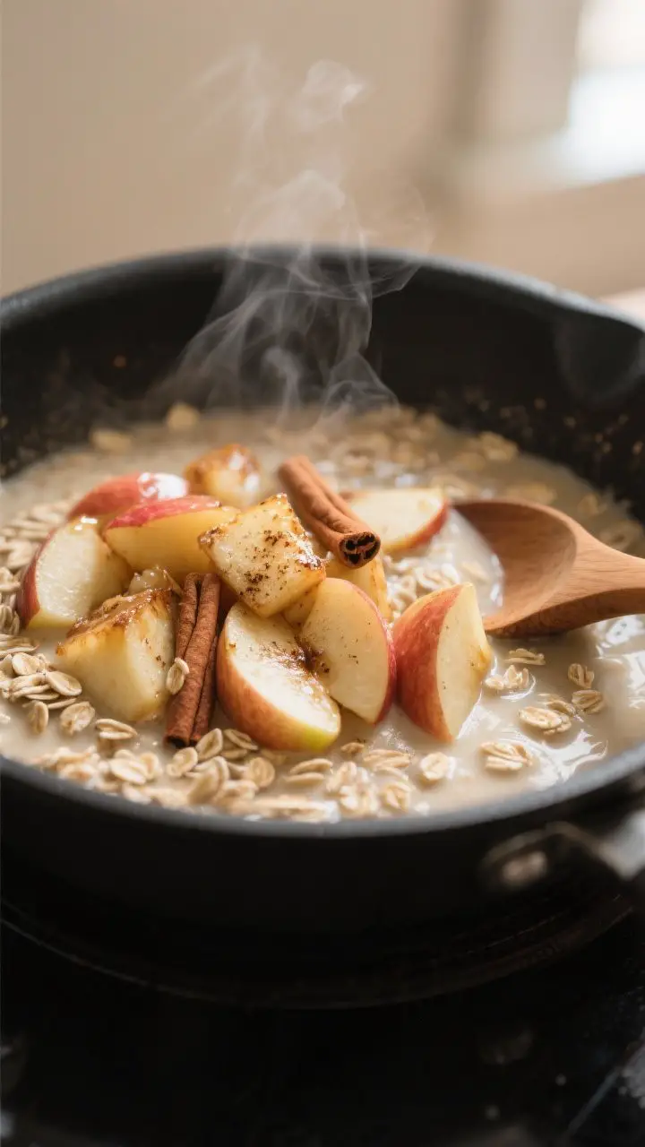 Close-up detail shot: Tender cinnamon-sautéed apple chunks folded into creamy rolled oats mid-simme