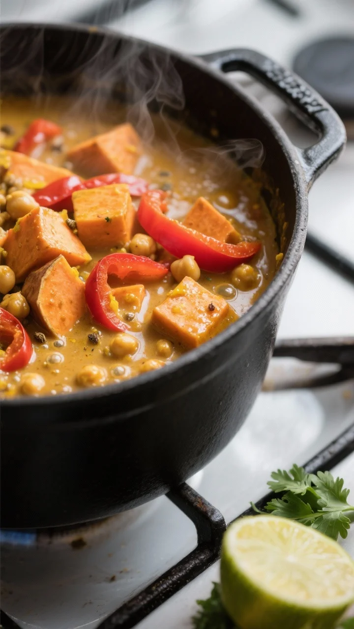Close-up detail shot: Thick, simmering vegan sweet potato curry in a matte black Dutch oven, sweet p
