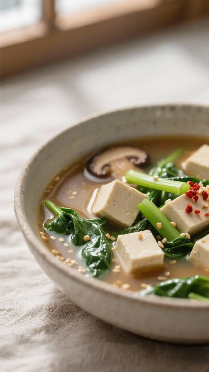 Close-up detail: Silky miso ginger soup just off the heat with cubes of firm tofu nestled among tend