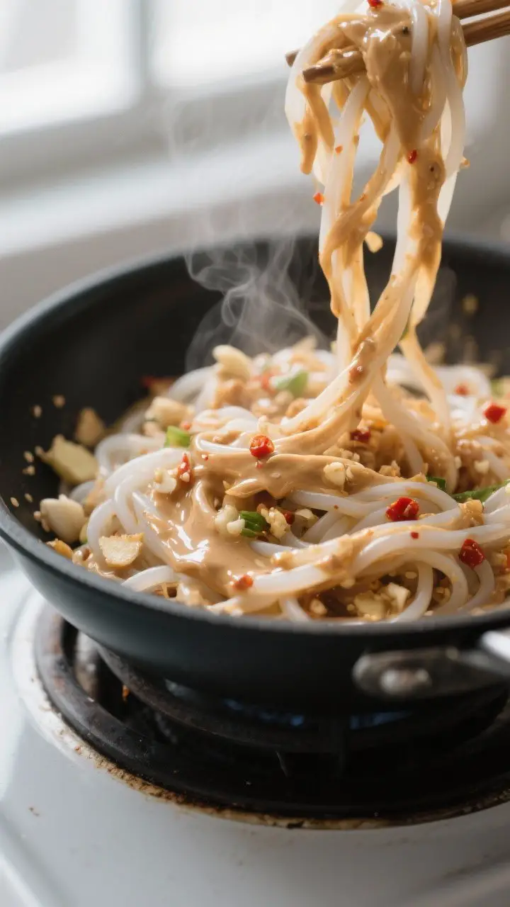 Close-up detail: Silky rice noodles being tossed in a skillet with glossy, creamy peanut sauce cling